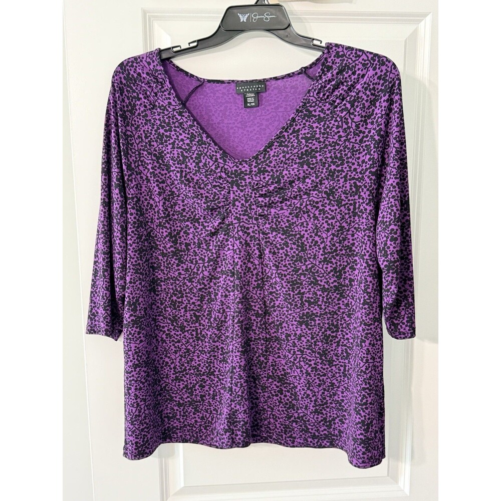 Apostrophe Stretch Women’s Floral V-Neck Knit Top | XL | 3/4 Sleeves
